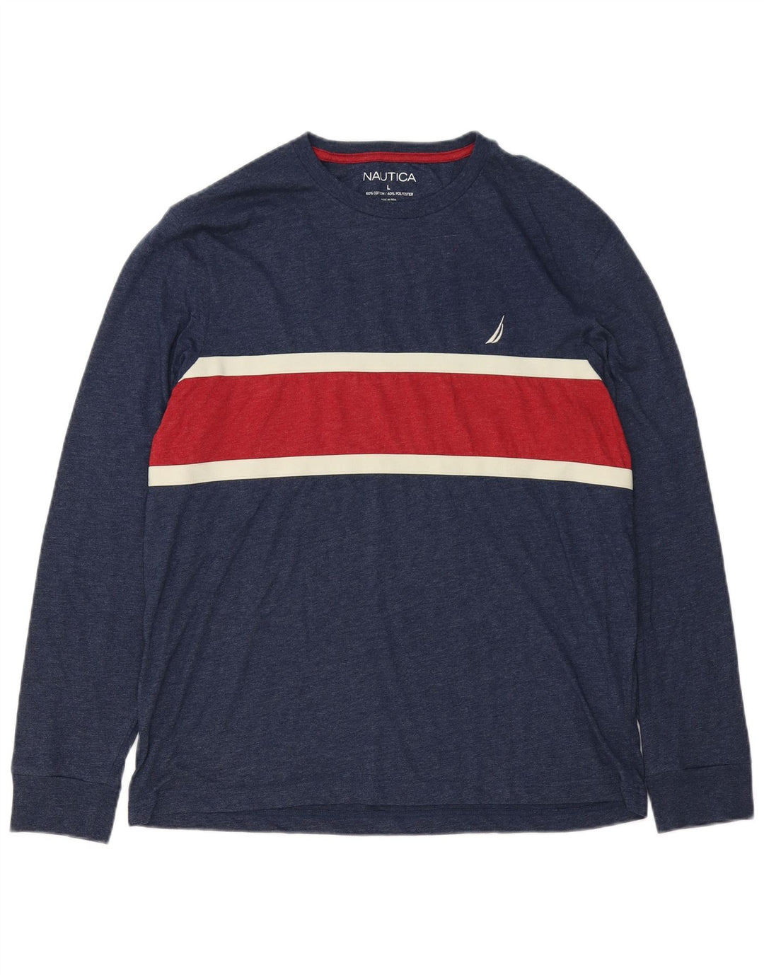 Nautica Mens Top Long Sleeve Large Navy Blue Colourblock Cotton