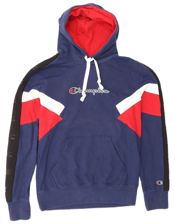 Champion Mens Graphic Hoodie Jumper Medium Navy Blue Colourblock Cotton