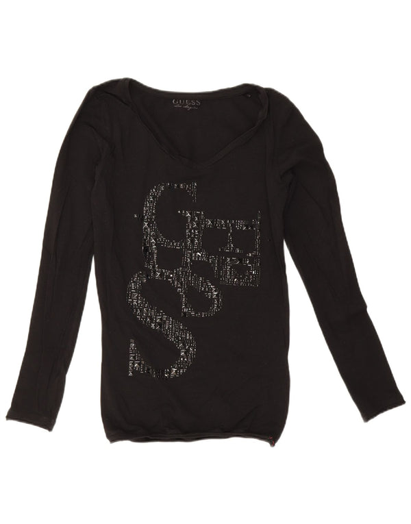 Guess Womens Graphic Top Long Sleeve UK 10 Small  Black Cotton