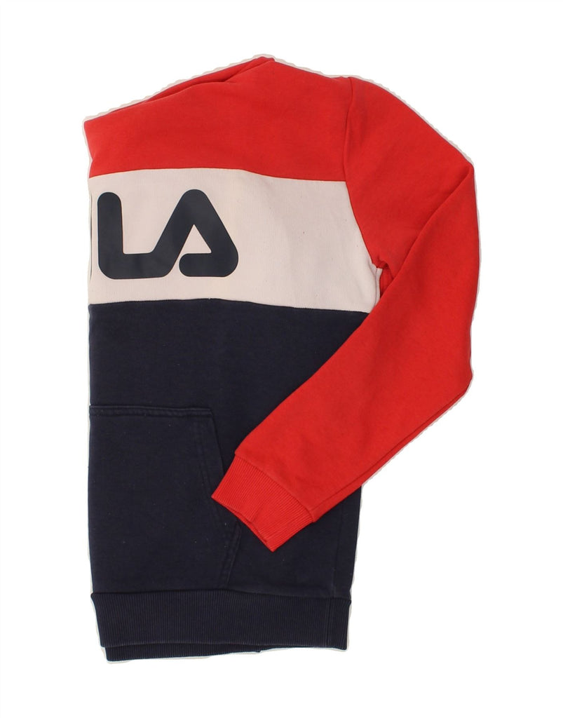 FILA Womens Graphic Hoodie Jumper UK 14 Medium Red Colourblock Cotton | Vintage Fila | Thrift | Second-Hand Fila | Used Clothing | Messina Hembry 