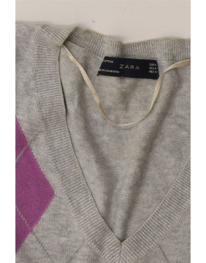 Zara Womens V-Neck Jumper Sweater UK 12 Medium Grey Argyle/Diamond