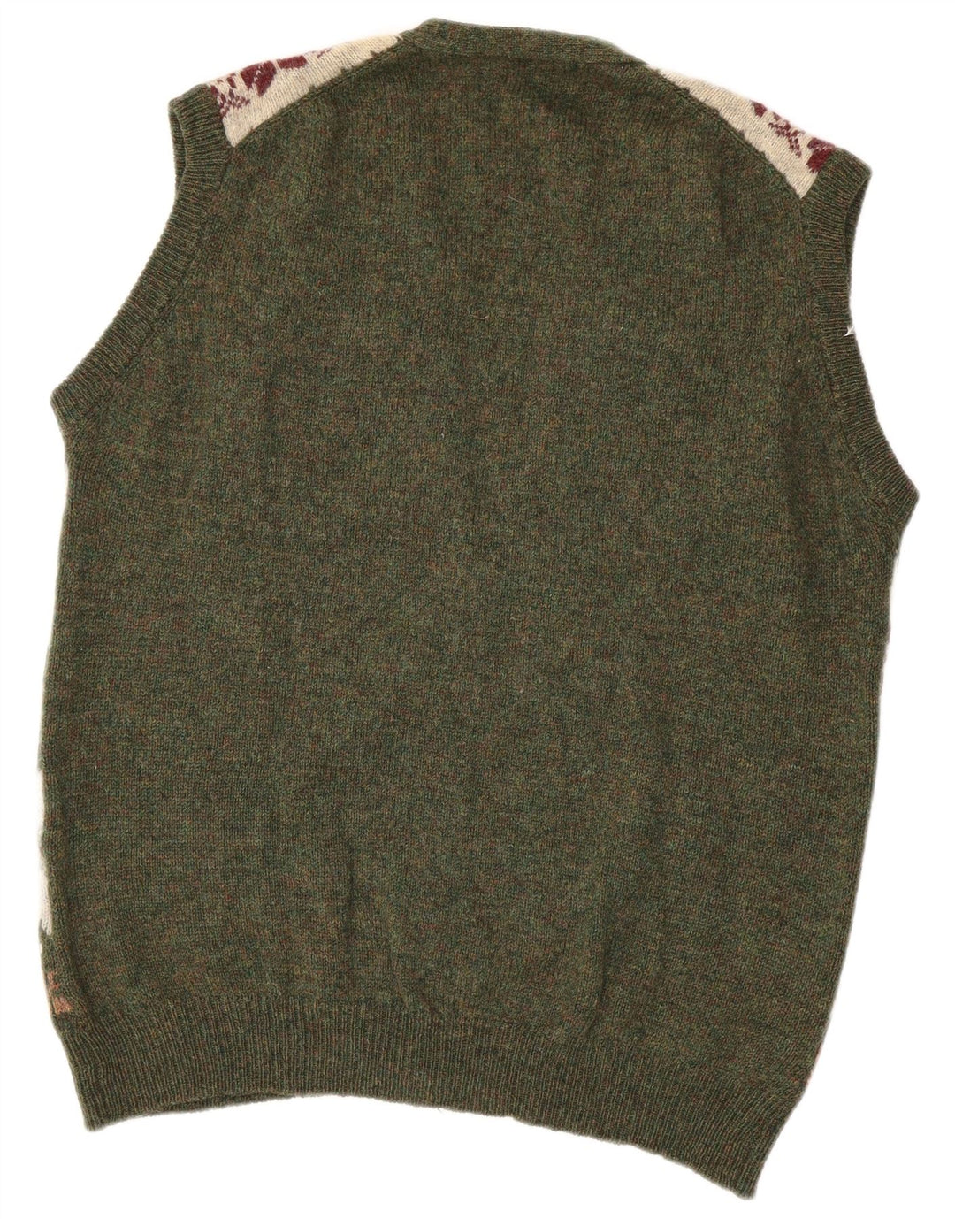 GREEN LEAVES Mens Sleeveless Cardigan Sweater XL Green Fair Isle Wool