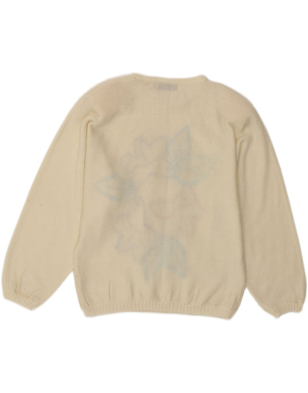 Vintage Womens Crew Neck Jumper Sweater One Size Off White Floral Acrylic