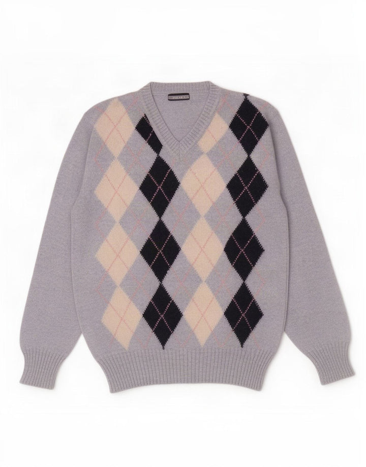 Vintage Mens V-Neck Jumper Sweater Large Blue Argyle/Diamond Wool