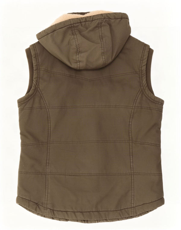 Weird Fish Womens Hooded Sherpa Padded Gilet UK 14 Large Khaki Cotton