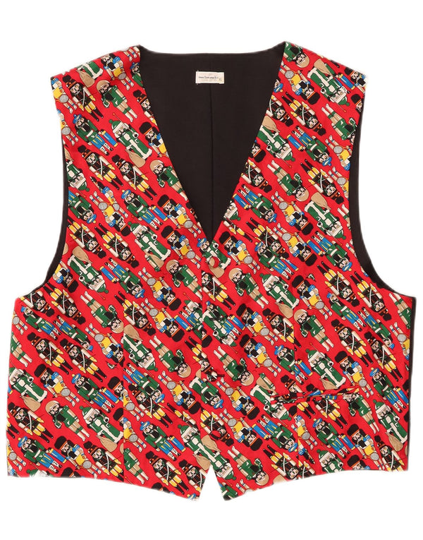 VINTAGE Mens Abstract Pattern Waistcoat XL Red Viscose