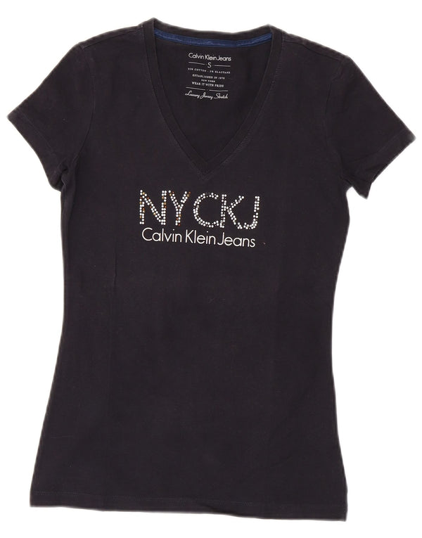 Calvin Klein Jeans Womens Graphic T-Shirt Top UK 8 Small Black Cotton