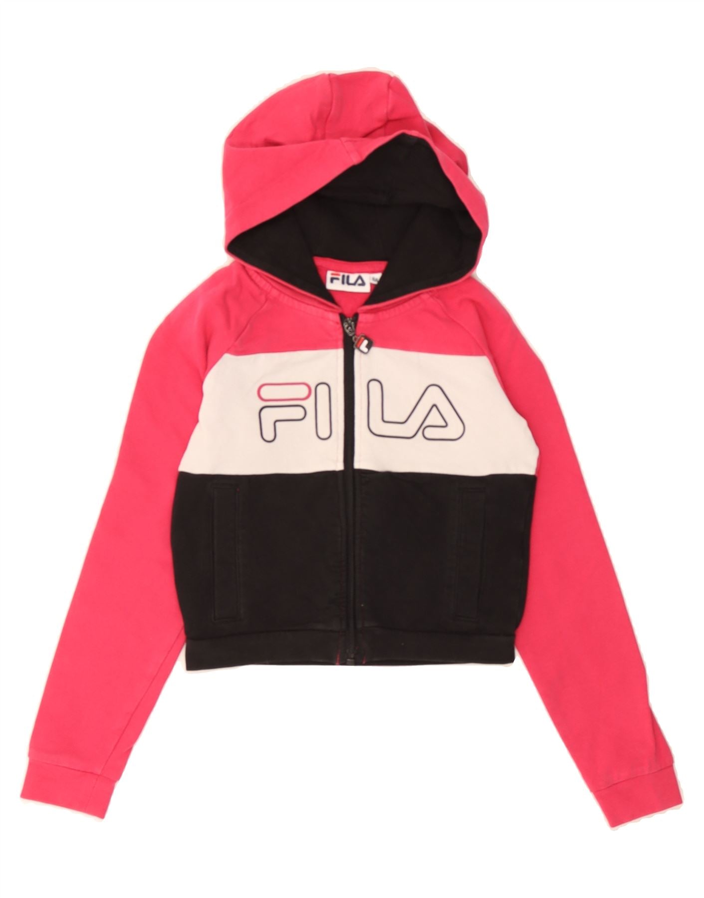 Felpa con cappuccio e zip grafica corta FILA per ragazze 5-6 anni, colore  rosa a blocchi