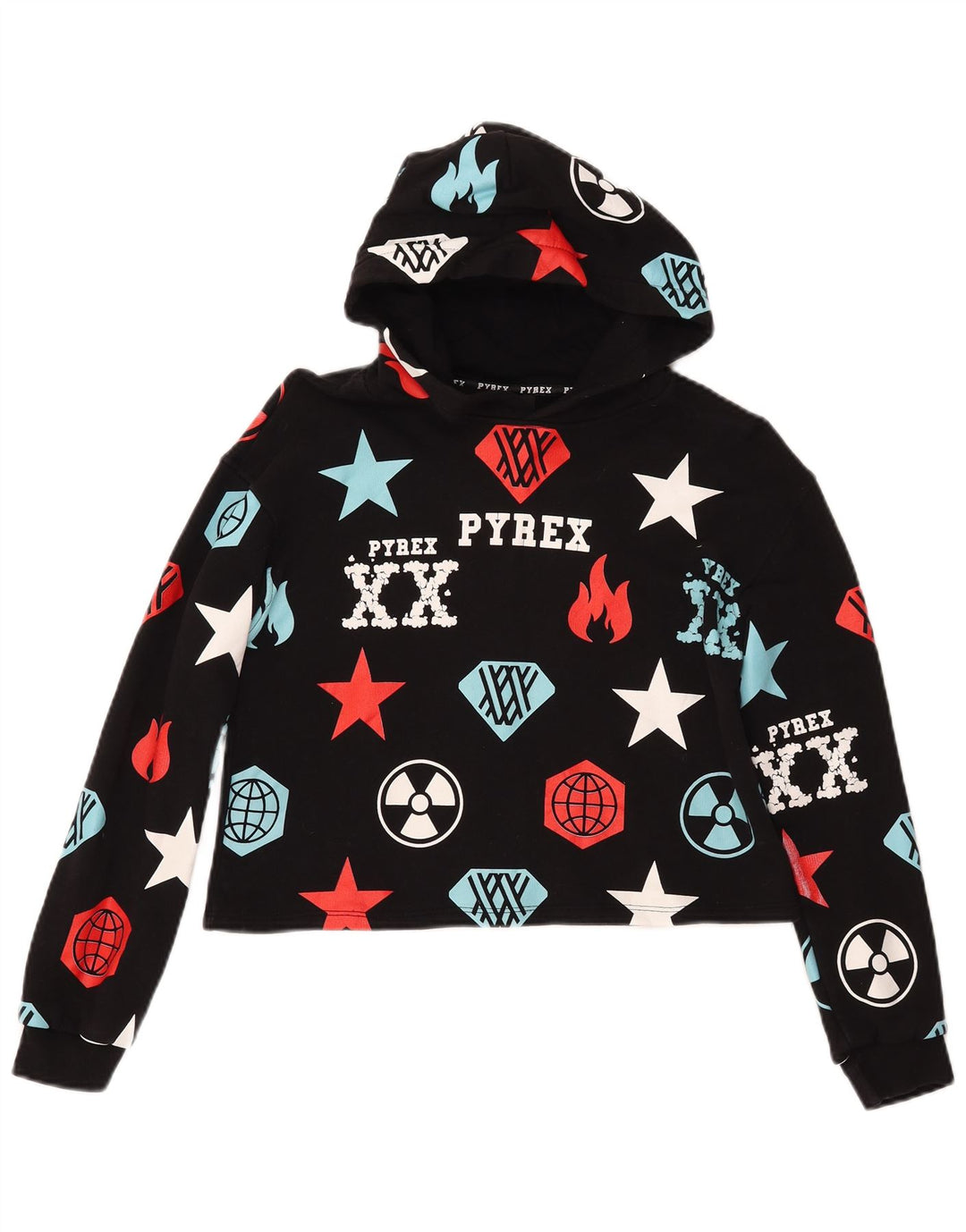 PYREX Girls Crop Graphic Hoodie Jumper 11-12 Years XL  Black Geometric