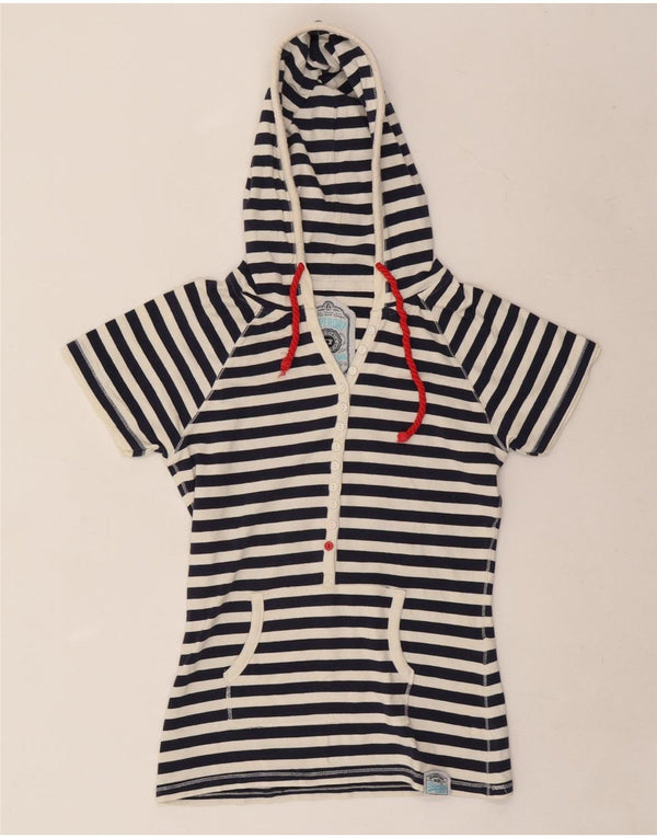 Superdry Womens Hooded T-Shirt Top UK 12 Medium Navy Blue Striped Cotton