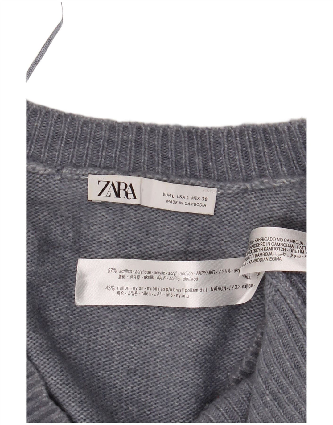 Zara Womens Oversized V-Neck Jumper Sweater UK 16 Large Grey Acrylic