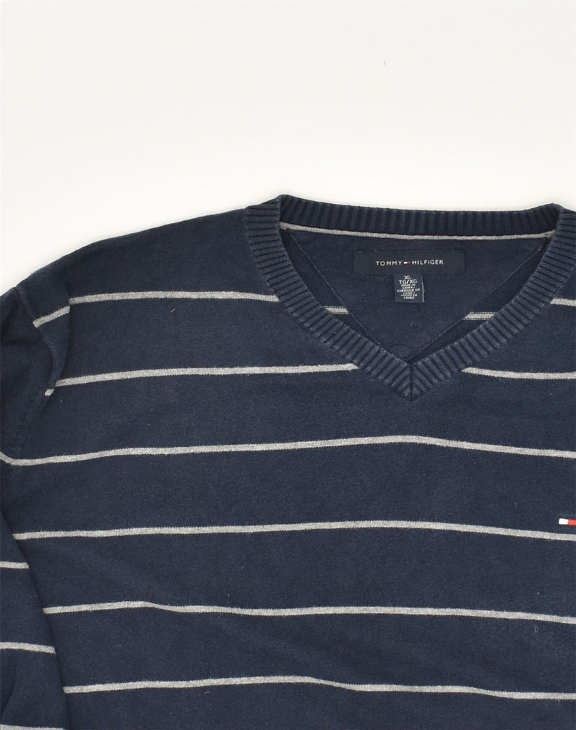 TOMMY HILFIGER Mens V-Neck Jumper Sweater XL Navy Blue Striped Cotton | Vintage Tommy Hilfiger | Thrift | Second-Hand Tommy Hilfiger | Used Clothing | Messina Hembry 