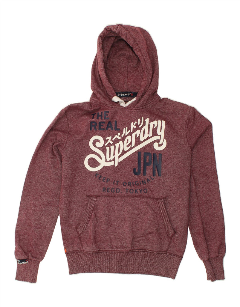 SUPERDRY Womens Graphic Hoodie Jumper UK 10 Small Maroon Flecked Cotton | Vintage Superdry | Thrift | Second-Hand Superdry | Used Clothing | Messina Hembry 