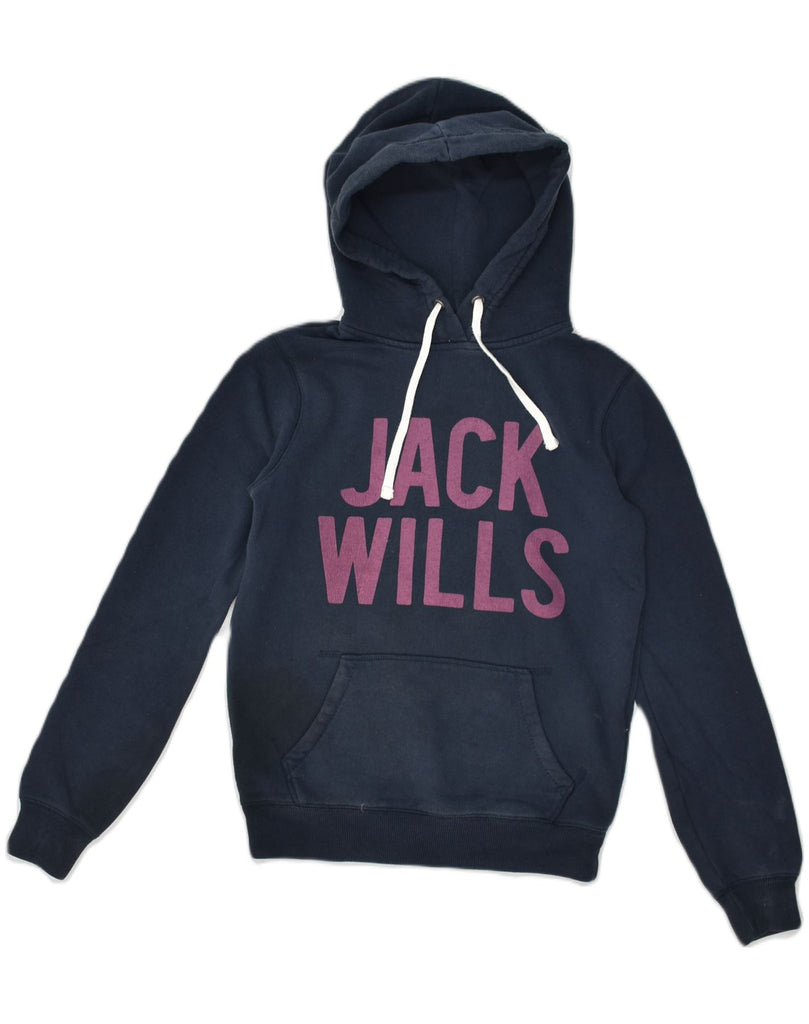 JACK WILLS Womens Graphic Hoodie Jumper UK 6 XS Navy Blue Cotton | Vintage Jack Wills | Thrift | Second-Hand Jack Wills | Used Clothing | Messina Hembry 