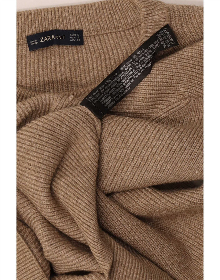 Zara Womens Crop Oversized Crew Neck Jumper Sweater UK 10 Small Brown