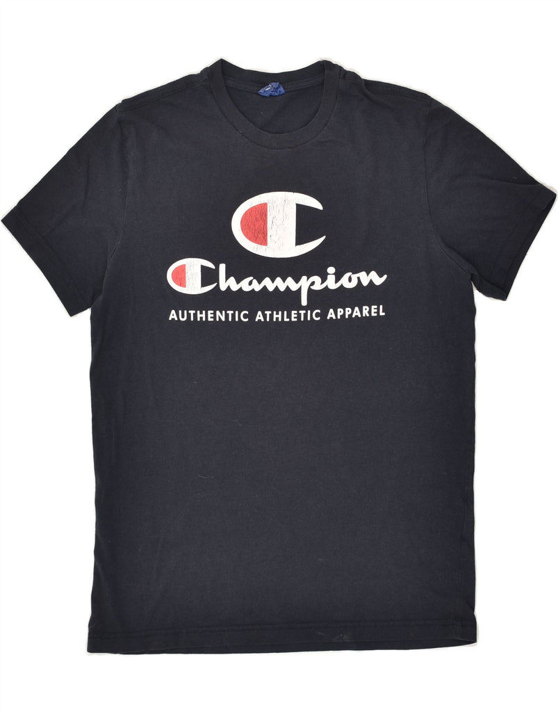 CHAMPION Womens Graphic T-Shirt Top UK 14 Medium Navy Blue Cotton | Vintage Champion | Thrift | Second-Hand Champion | Used Clothing | Messina Hembry 