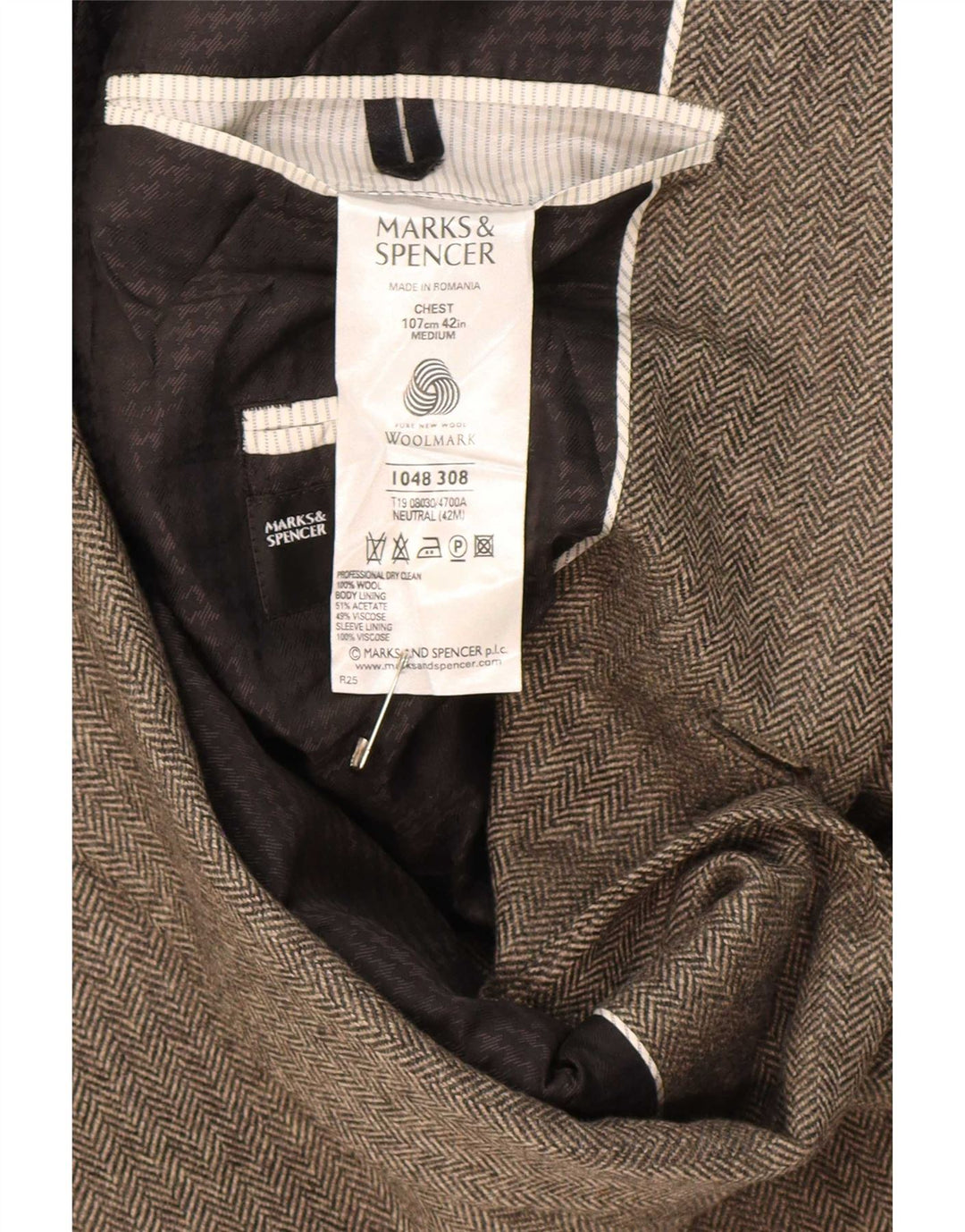 Marks & Spencer Mens 2 Button Blazer Jacket UK 42 Large Beige Herringbone