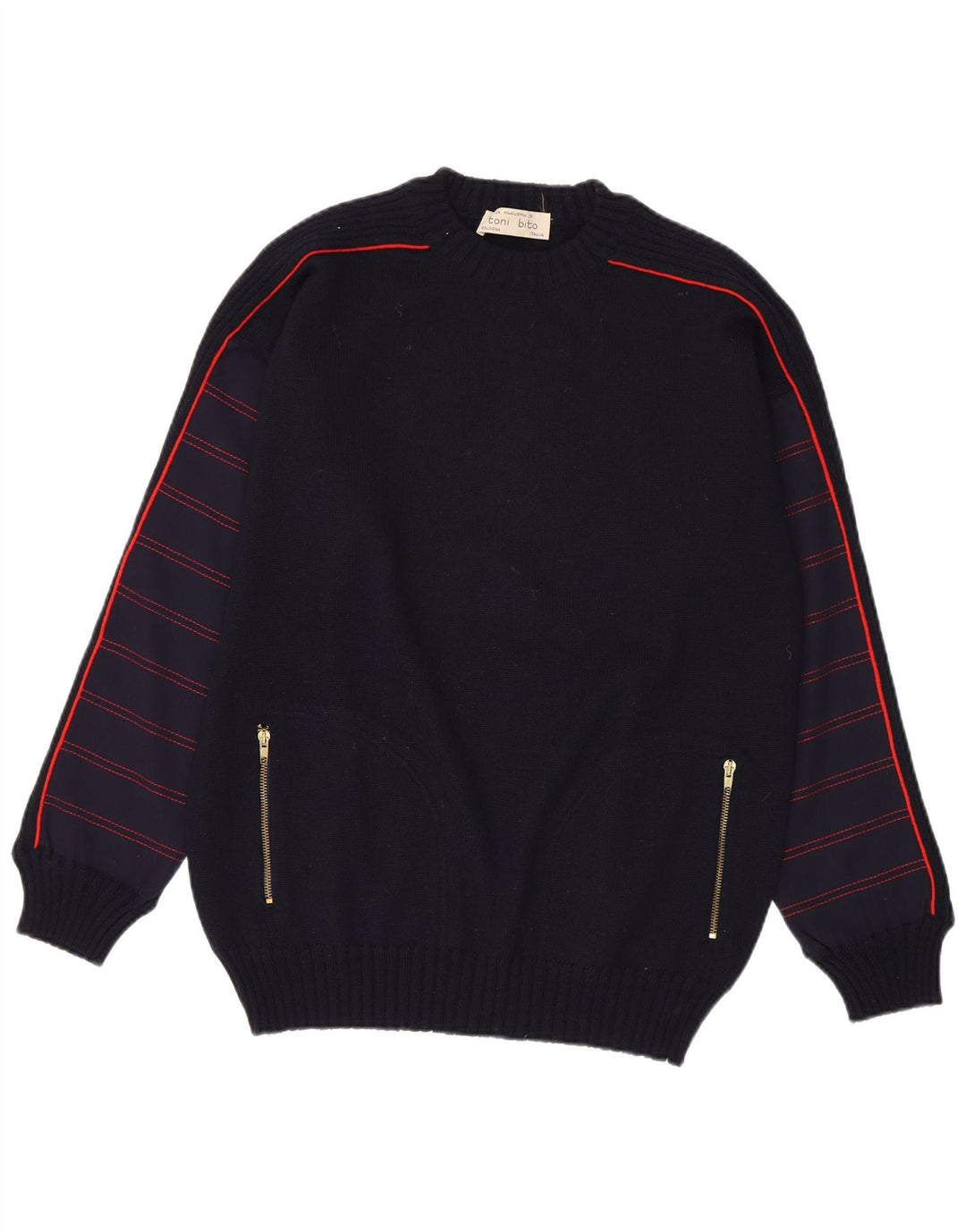 Vintage Mens Crew Neck Jumper Sweater Medium Navy Blue Striped