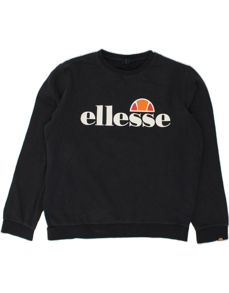 ELLESSE Womens Graphic Sweatshirt Jumper UK 14 Large Navy Blue Cotton | Vintage Ellesse | Thrift | Second-Hand Ellesse | Used Clothing | Messina Hembry 