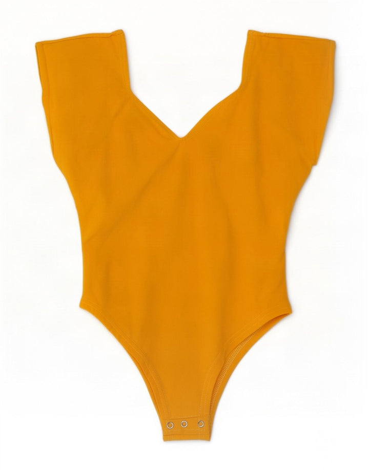 Vintage Womens Sleeveless Bodysuit UK 12 Medium Yellow Cotton
