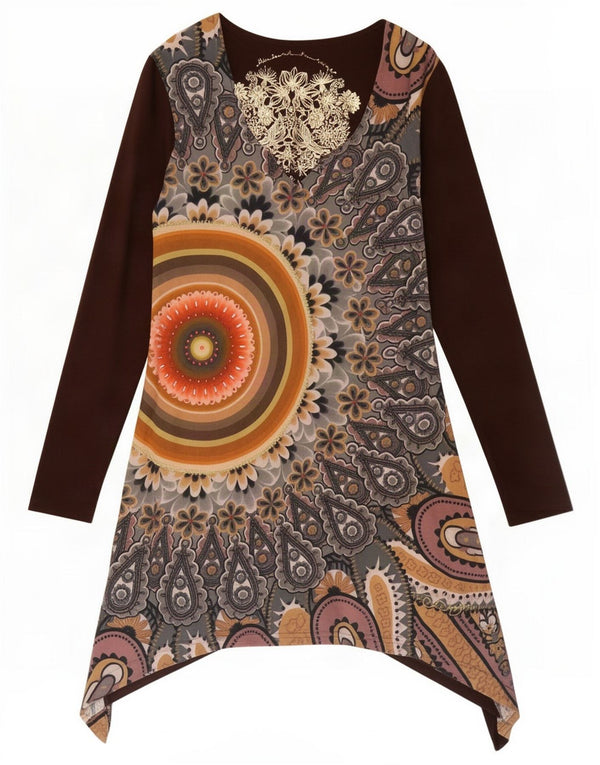 Desigual Womens Graphic Long Sleeve Tunic Dress UK 10 Small Brown Floral