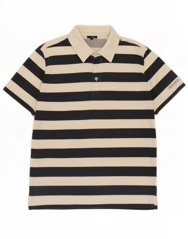 Trussardi Mens Polo Shirt Medium White Striped Cotton