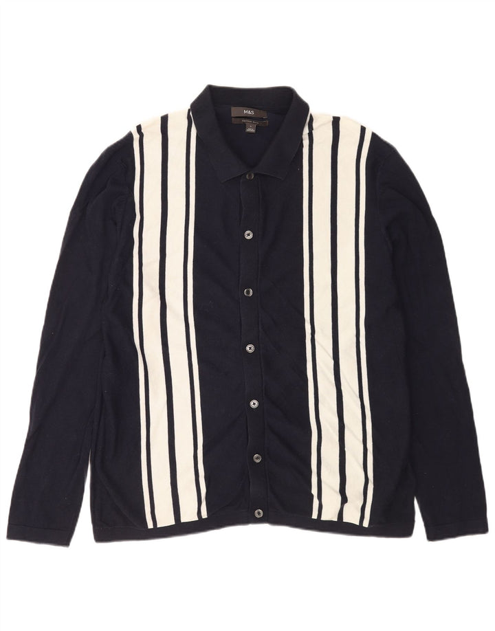 Marks & Spencer Mens Cardigan Sweater Large Navy Blue Striped Cotton