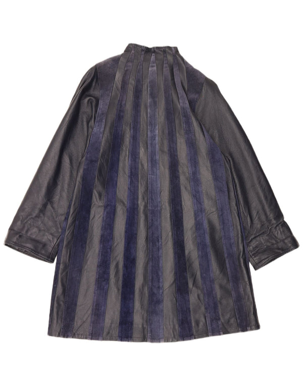 Vintage Womens Leather Coat UK 14 Medium Navy Blue Striped