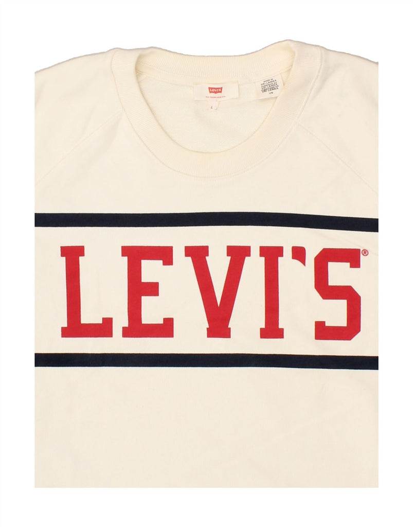 LEVI'S Womens Crop Graphic Sweatshirt Jumper UK 16 Large Off White Cotton | Vintage Levi's | Thrift | Second-Hand Levi's | Used Clothing | Messina Hembry 