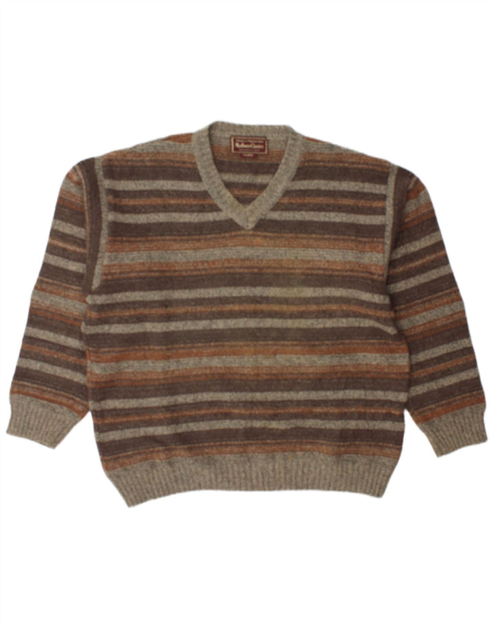 MARLBORO CLASSICS Mens V-Neck Jumper Sweater XL Brown Striped Wool