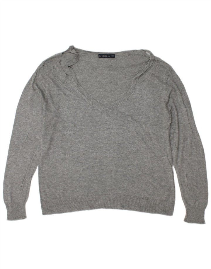 Zara Womens V-Neck Jumper Sweater UK 16 Large Grey Viscose