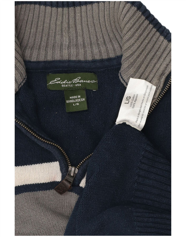 EDDIE BAUER Mens Zip Neck Jumper Sweater Large Navy Blue Colourblock