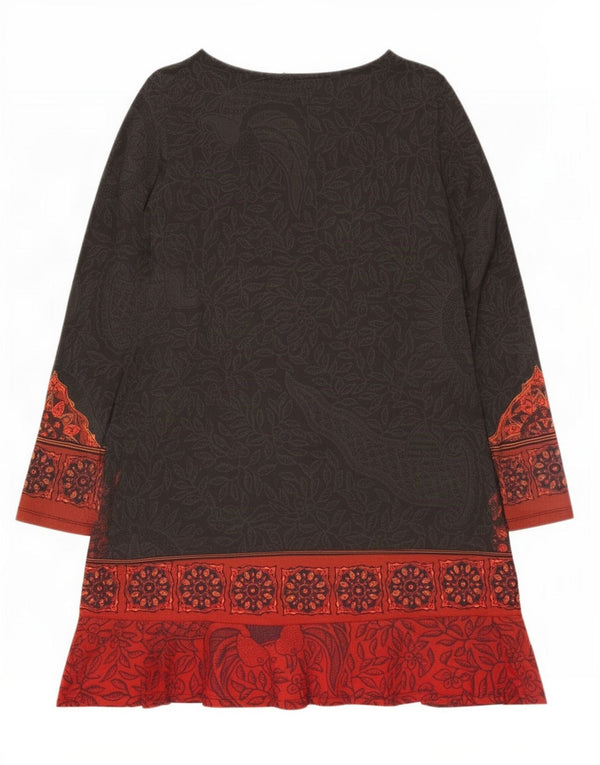 Desigual Womens Graphic Long Sleeve Tiered Dress UK 12 Medium Brown Floral