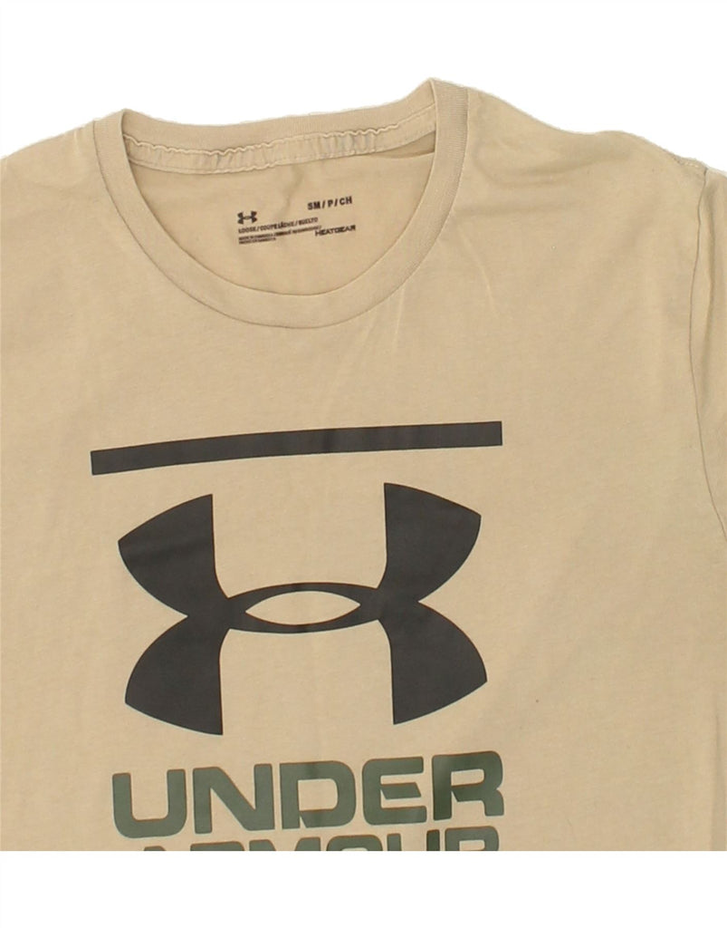 UNDER ARMOUR Mens Heat Gear Graphic T-Shirt Top Small Beige Cotton Vintage Under Armour and Second-Hand Under Armour from Messina Hembry 