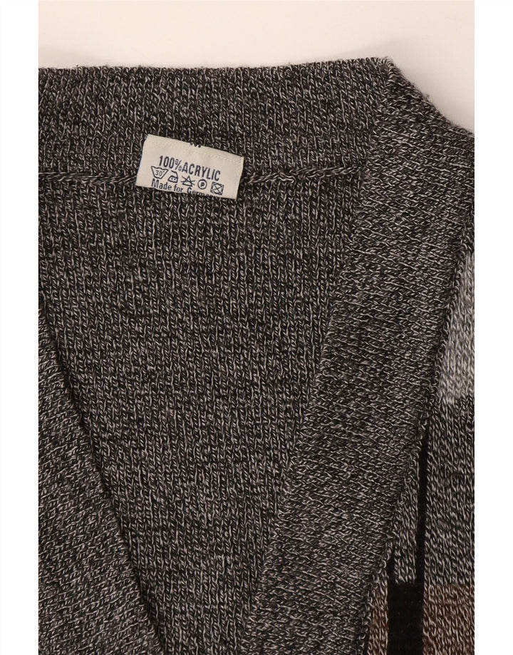 Vintage Mens Sleeveless Cardigan Sweater Medium Grey Geometric Acrylic