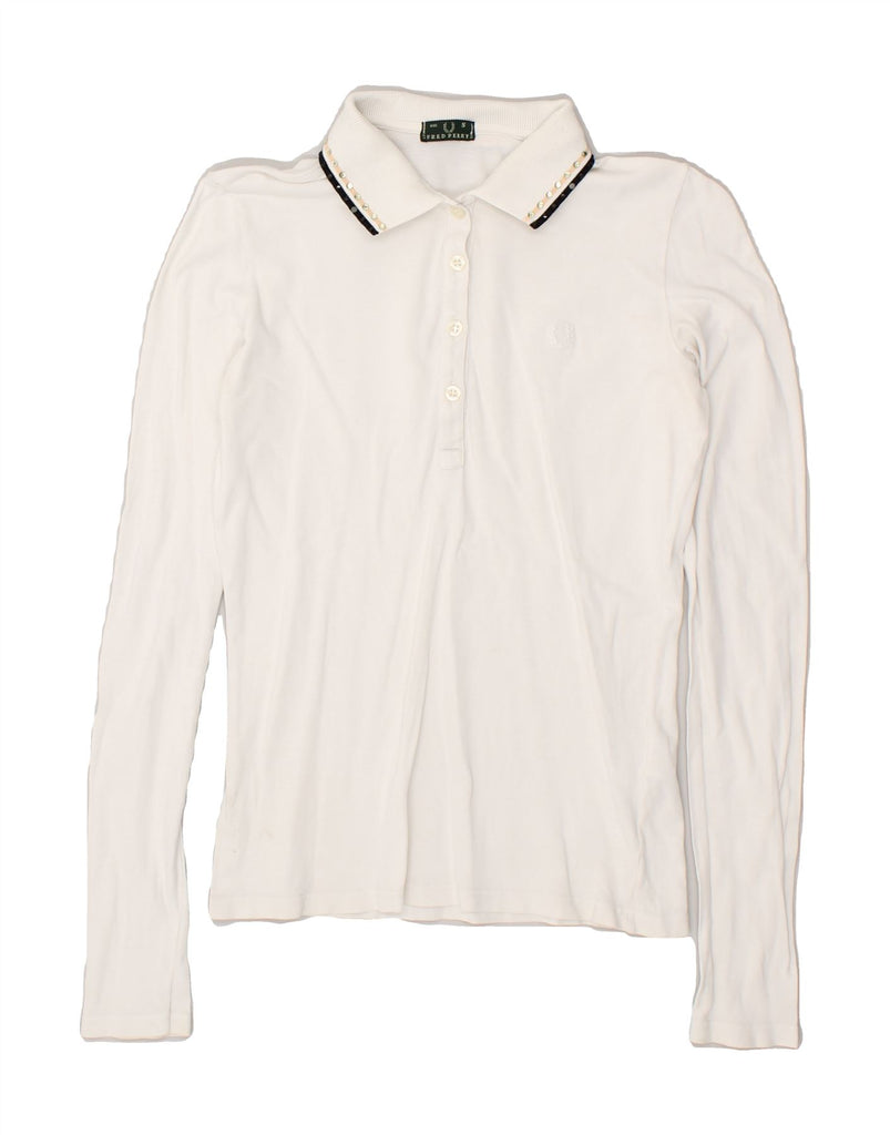 FRED PERRY Womens Long Sleeve Polo Shirt UK 10 Small White Cotton | Vintage Fred Perry | Thrift | Second-Hand Fred Perry | Used Clothing | Messina Hembry 