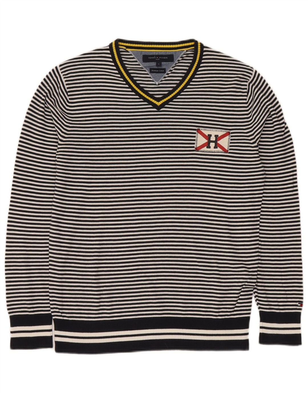 TOMMY HILFIGER Mens V-Neck Jumper Sweater Small Navy Blue Striped Cotton