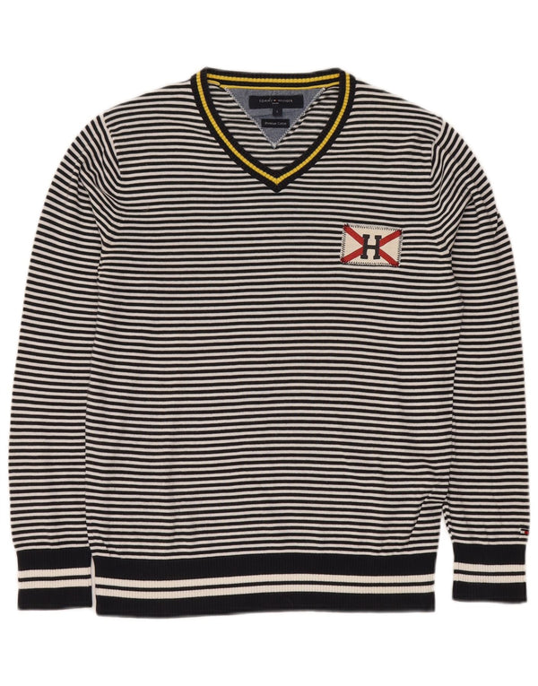 TOMMY HILFIGER Mens V-Neck Jumper Sweater Small Navy Blue Striped Cotton