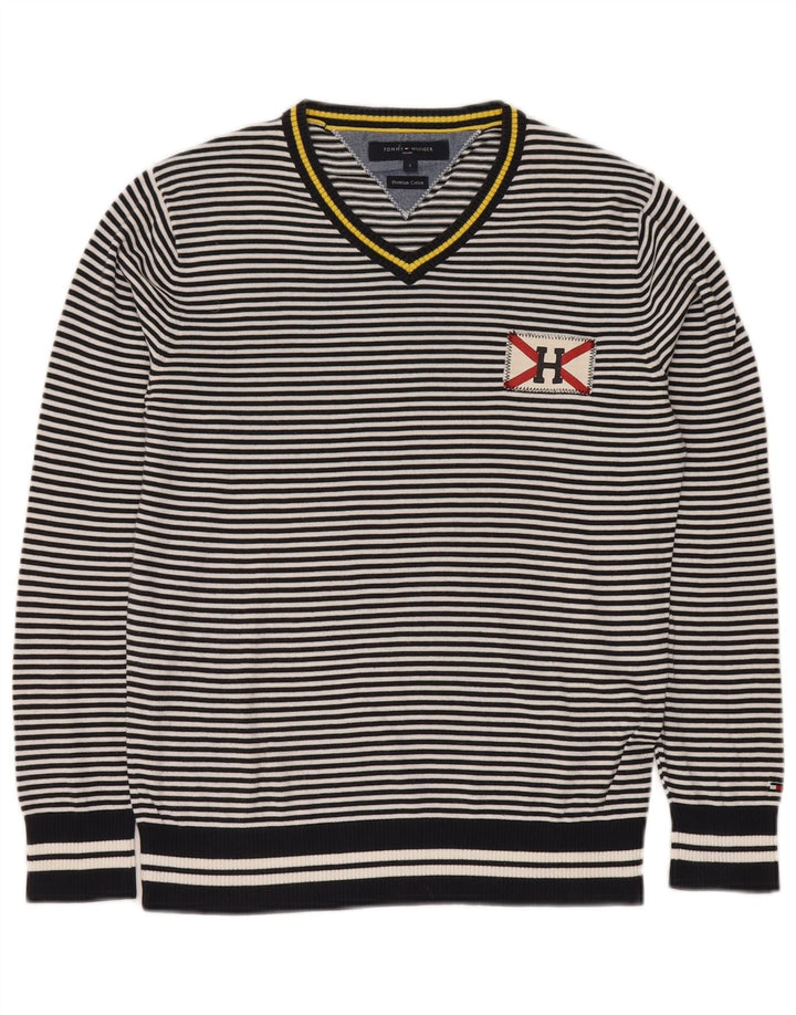 TOMMY HILFIGER Mens V-Neck Jumper Sweater Small Navy Blue Striped Cotton