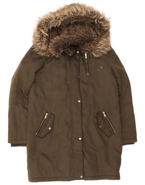 Oasis Womens Hooded Parka Jacket UK 14 Medium Khaki Polyester