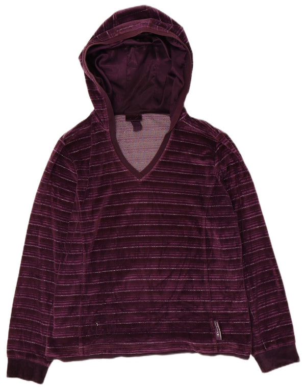 Champion Womens Velour Hoodie Jumper UK 16 Large Purple Striped Cotton