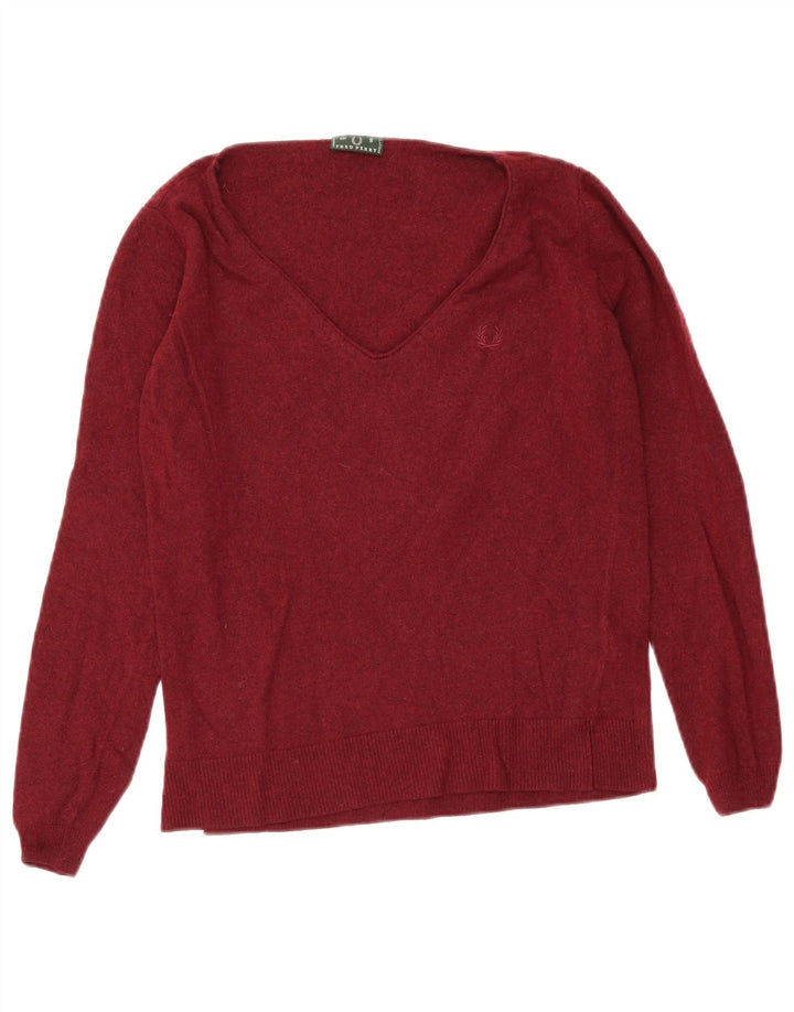 Fred Perry Womens V-Neck Jumper Sweater UK 10 Small Burgundy Wool