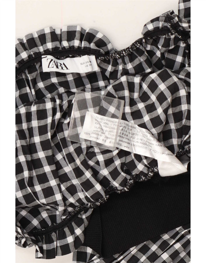 Zara Womens Long Sleeve Crop Top UK 12 Medium Black Gingham Polyamide