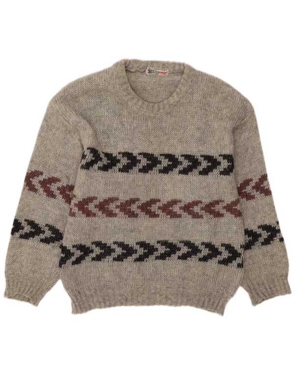 Vintage Mens Crew Neck Jumper Sweater Size 40 Medium Grey Striped