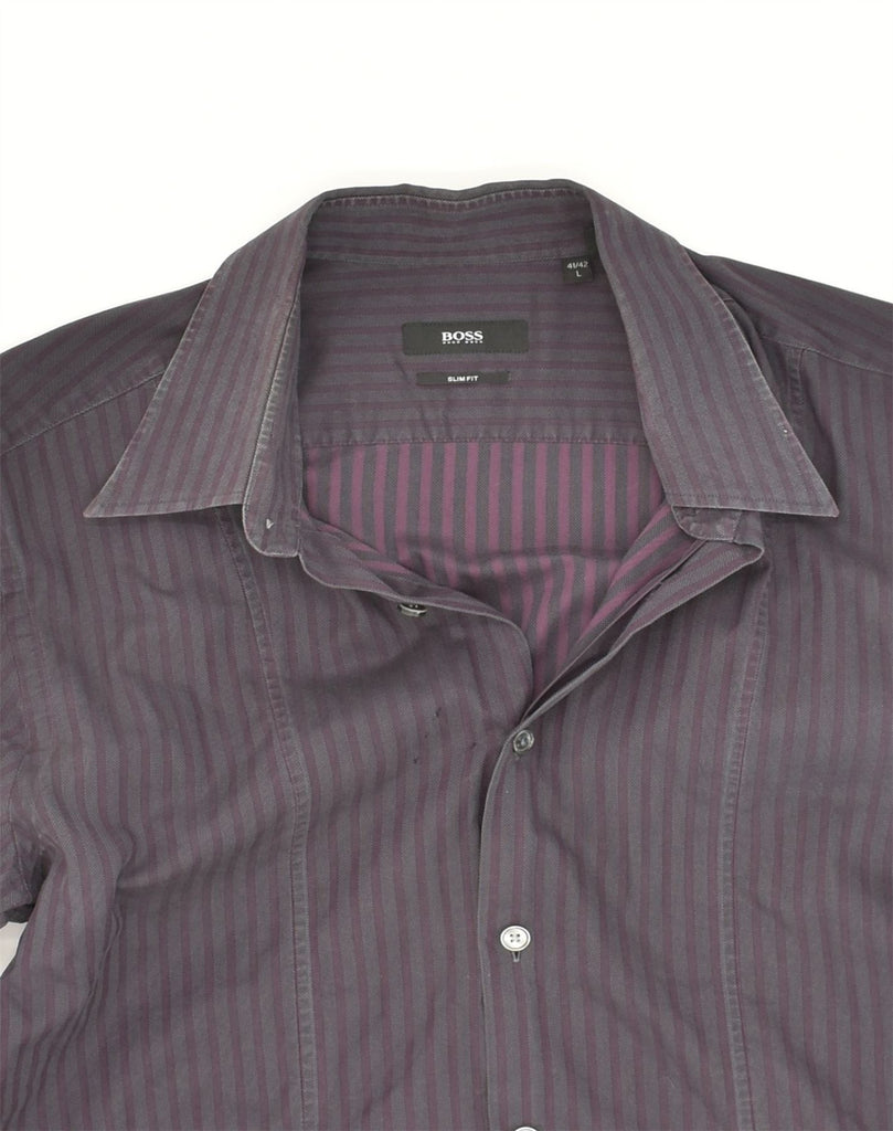 HUGO BOSS Mens Slim Fit Shirt Size 41-42 Large Purple Striped Cotton | Vintage Hugo Boss | Thrift | Second-Hand Hugo Boss | Used Clothing | Messina Hembry 