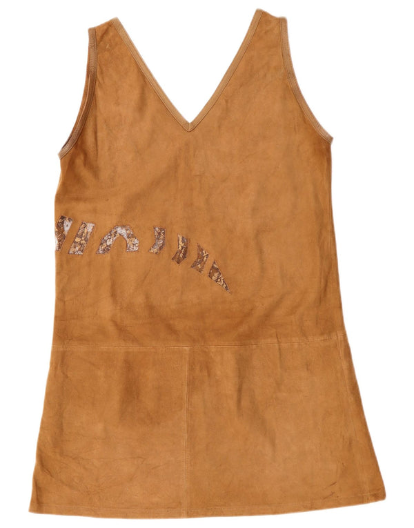 Vintage Womens Mini Suede Dress UK 12 Medium Beige Animal Print