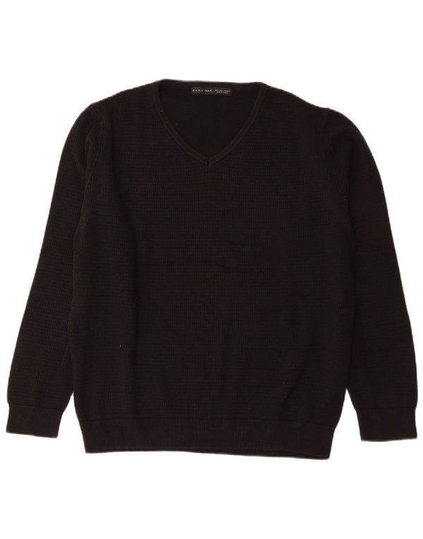 Zara Mens V-Neck Jumper Sweater Large Black Cotton