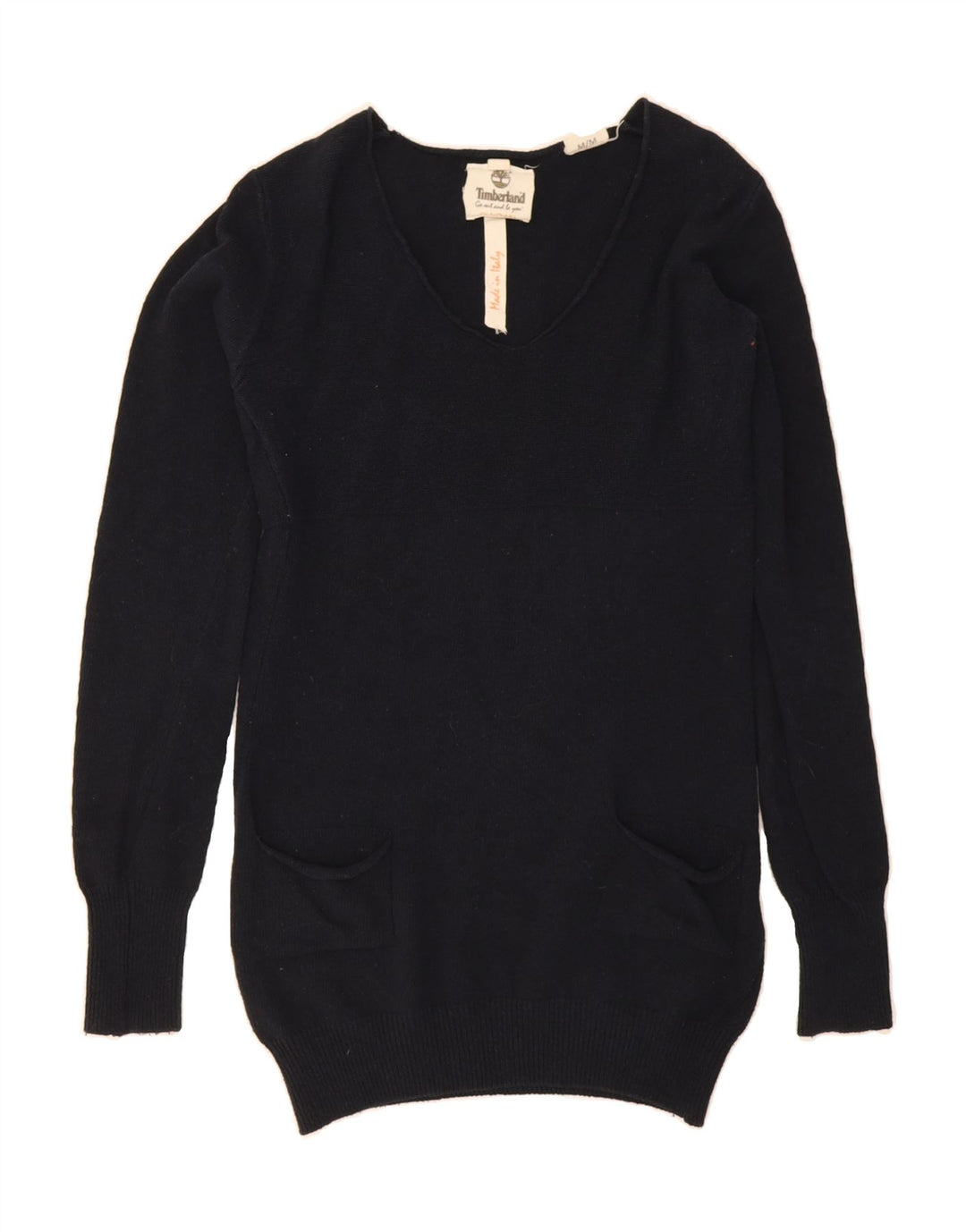 TIMBERLAND Womens Longline V-Neck Jumper Sweater UK 14 Medium Navy Blue Vintage Timberland and Second-Hand Timberland from Messina Hembry 