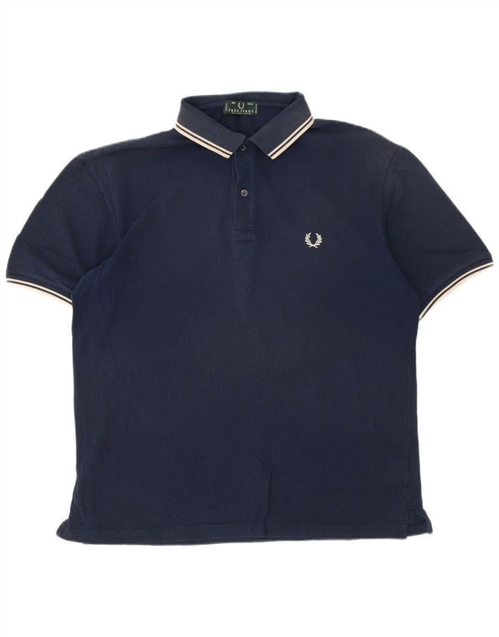 Fred Perry Mens Polo Shirt Large Navy Blue Striped Cotton