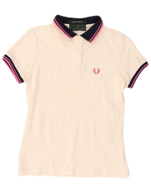 Fred Perry Womens Rugby Polo Shirt UK 10 Small White Striped Cotton
